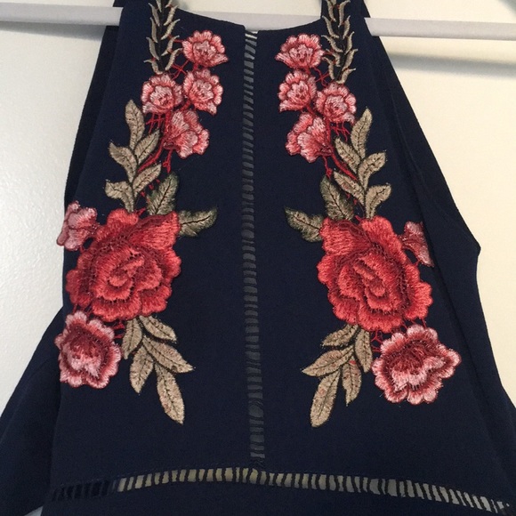 Navy blue maxi with red floral stitch pattern - Picture 2 of 3